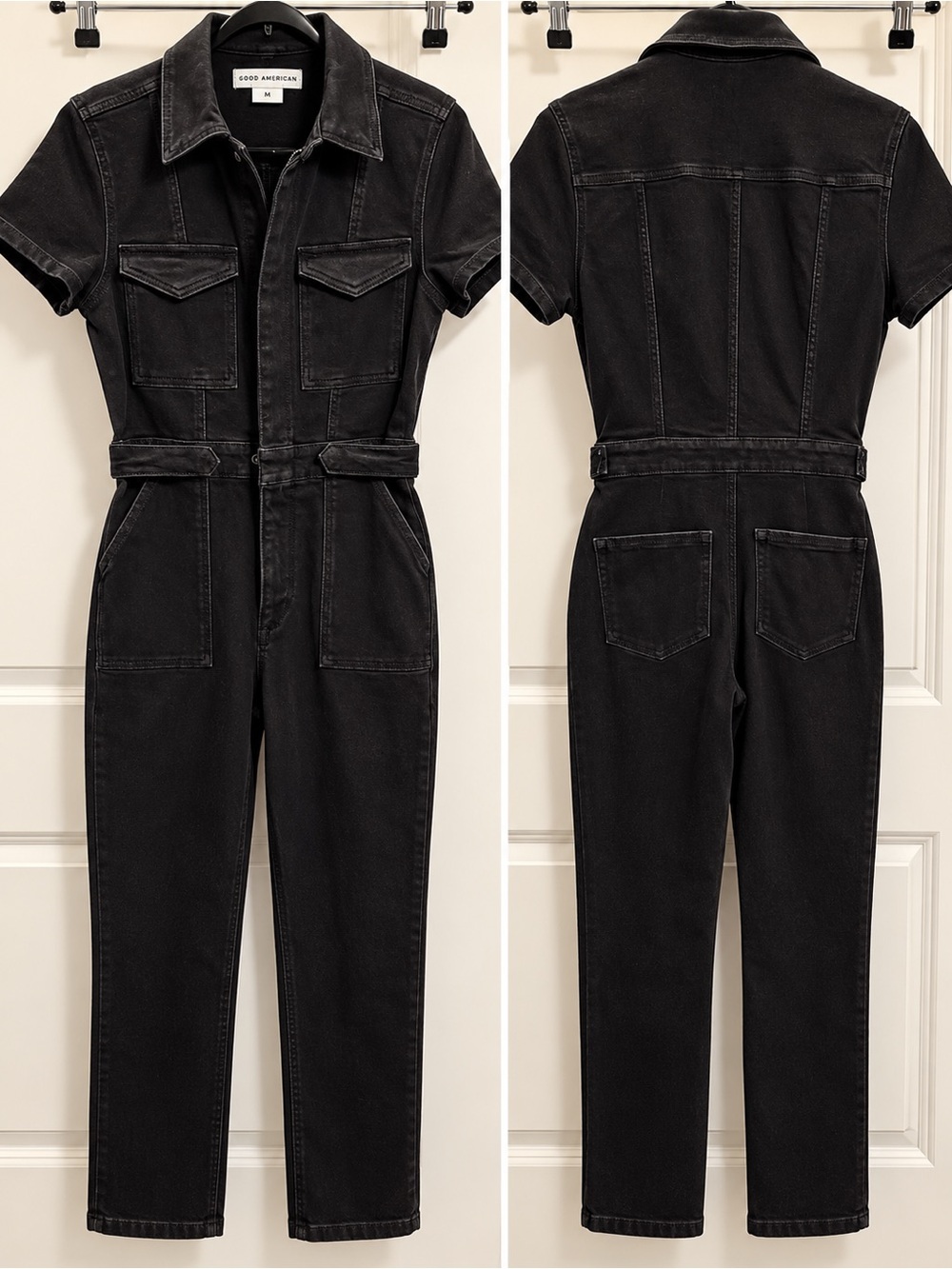 Good American Black Short-Sleeve Denim Utility Jumpsuit
